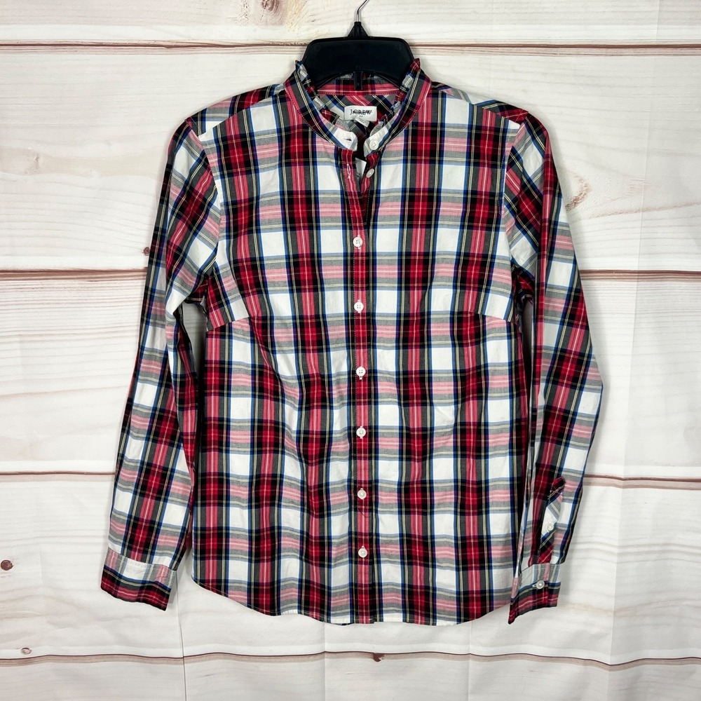 J Crew Top Womens XS Red Tartan Cotton Shirt Button Up Ruffled Neck Stretch